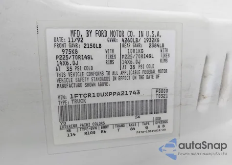 1993 Ford Ranger из США, поврежденный, VIN 1FTCR10UXPPA21743